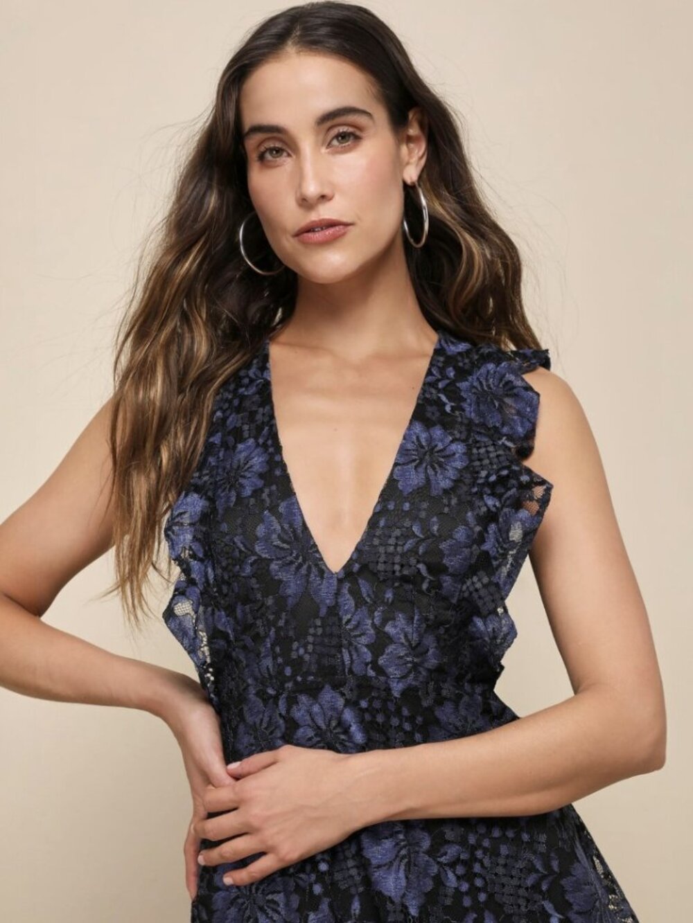 Lulus Molinetto Navy Blue Lace Ruffled Tiered Sleeveless Maxi Dress NWT - Picture 3 of 16